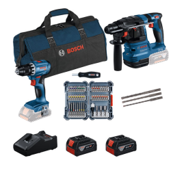 Акумулаторен комплект BOSCH GSR 18V-45 + GBH 18V-22, GBA 18V 2x4,0Ah + GAL 18V-40 + битове и свредла Акумулаторен комплект BOSCH GSR 18V-45 + GBH 18V-22, GBA 18V 2x4,0Ah + GAL 18V-40 + битове и свредла