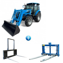 Трактор LS PLUS 100 с челен товарач + Шишове за бали и Палетни вилици