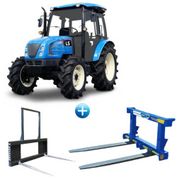 Трактор LS U60 с челен товарач + Шишове за бали и Палетни вилици